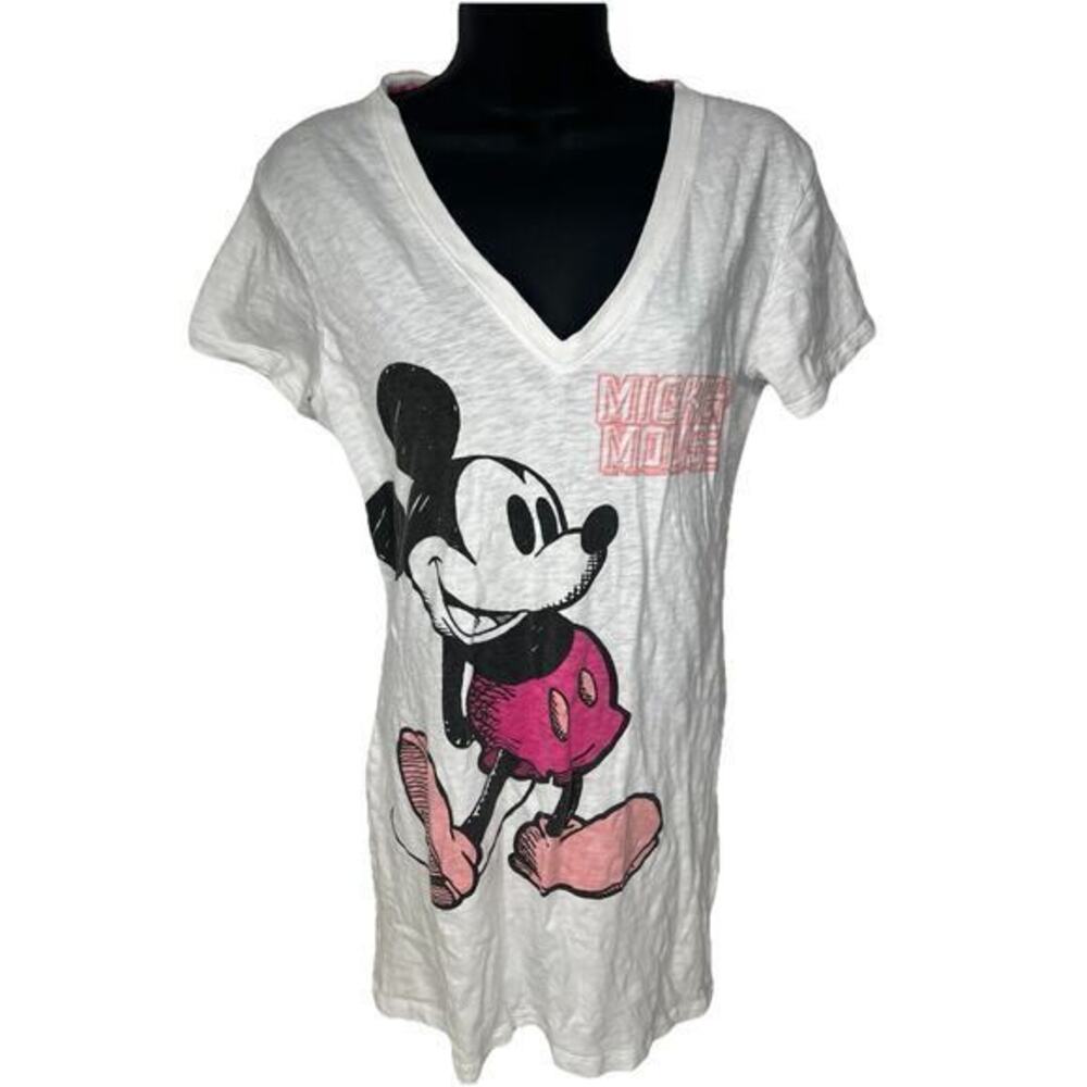Disney Parks Mickey Mouse White V Neck T-Shirt Tee Walt Disney Women’s Size Med